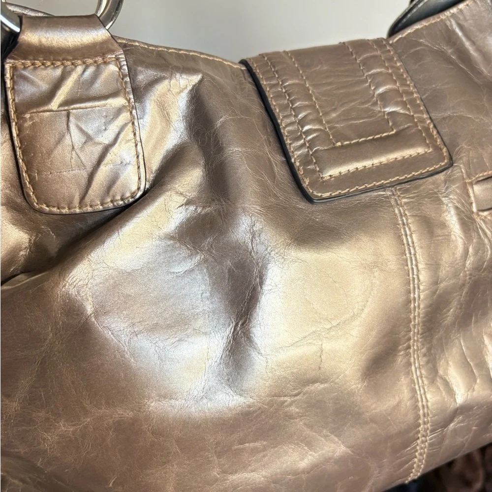 Solina Woman’s Metallic Silver Taupe Shoulder Bag with Decorative Medallion